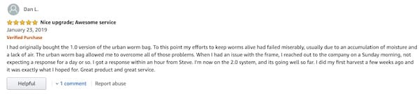 Amazon Urban Worm Bag Testimonial